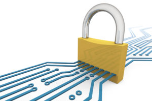 A solid padlock securing the data paths of a circuit board. White Background.